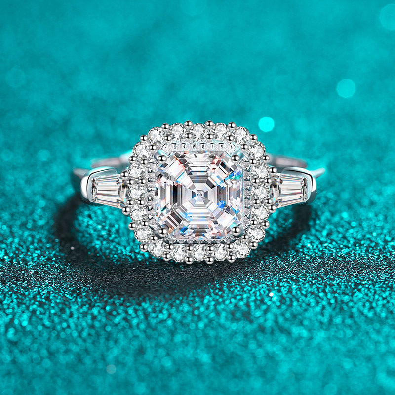 Sterling Silver Beveled Asscher Cut 2ct Moissanite Ring in PT950 Plating