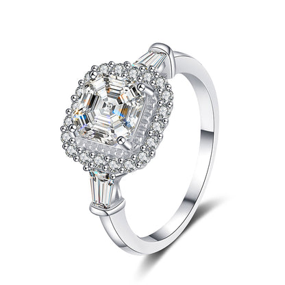 Sterling Silver Beveled Asscher Cut 2ct Moissanite Ring in PT950 Plating