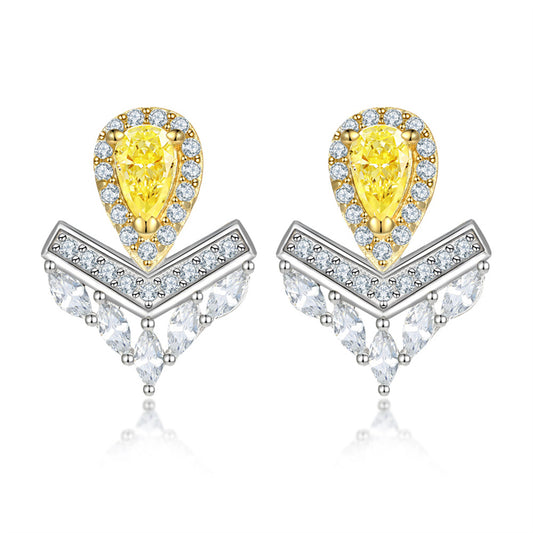 Sterling Silver Crown Teardrop Earrings for Women Elegant Zircon V Shape Dangle Earrings Princess Chic White Gold Plated