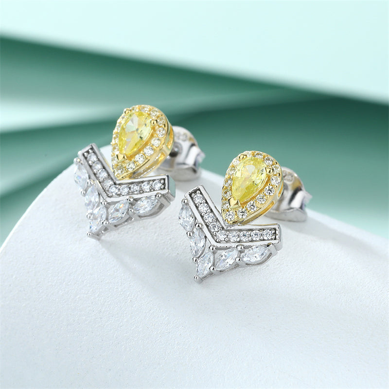 Sterling Silver Crown Teardrop Earrings for Women Elegant Zircon V Shape Dangle Earrings Princess Chic White Gold Plated