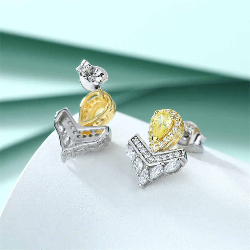 Sterling Silver Crown Teardrop Earrings for Women Elegant Zircon V Shape Dangle Earrings Princess Chic White Gold Plated