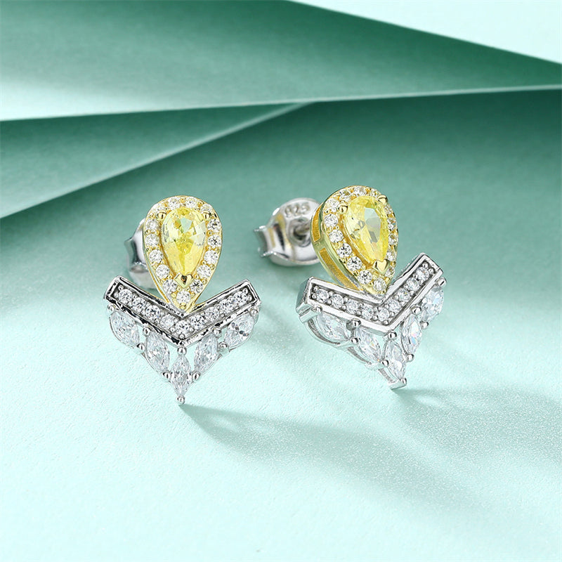 Sterling Silver Crown Teardrop Earrings for Women Elegant Zircon V Shape Dangle Earrings Princess Chic White Gold Plated