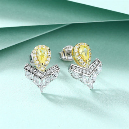 Sterling Silver Crown Teardrop Earrings for Women Elegant Zircon V Shape Dangle Earrings Princess Chic White Gold Plated