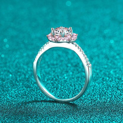 Sterling Silver Moissanite Plum Flower Ring with PT950 Rose Gold Plating