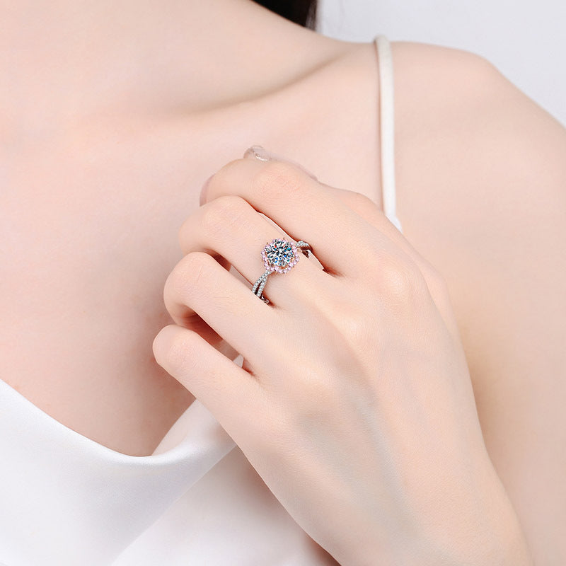 Sterling Silver Moissanite Plum Flower Ring with PT950 Rose Gold Plating