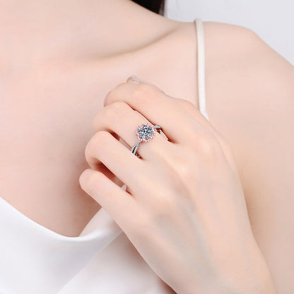 Sterling Silver Moissanite Plum Flower Ring with PT950 Rose Gold Plating