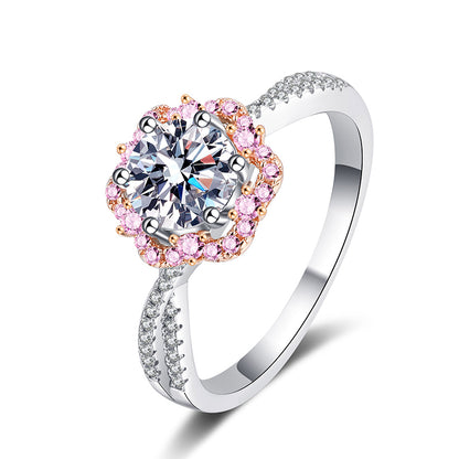 Sterling Silver Moissanite Plum Flower Ring with PT950 Rose Gold Plating