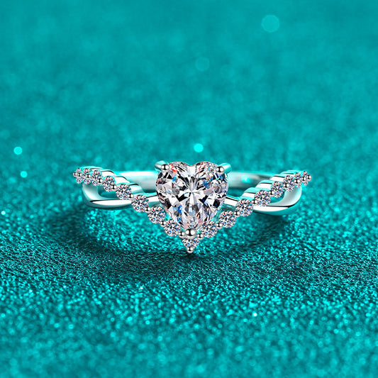 Sterling Silver PT950 Gold Plated "One Heart Love" 1ct Moissanite Cross-Border Heart Ring