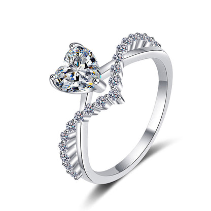 Sterling Silver PT950 Gold Plated "One Heart Love" 1ct Moissanite Cross-Border Heart Ring