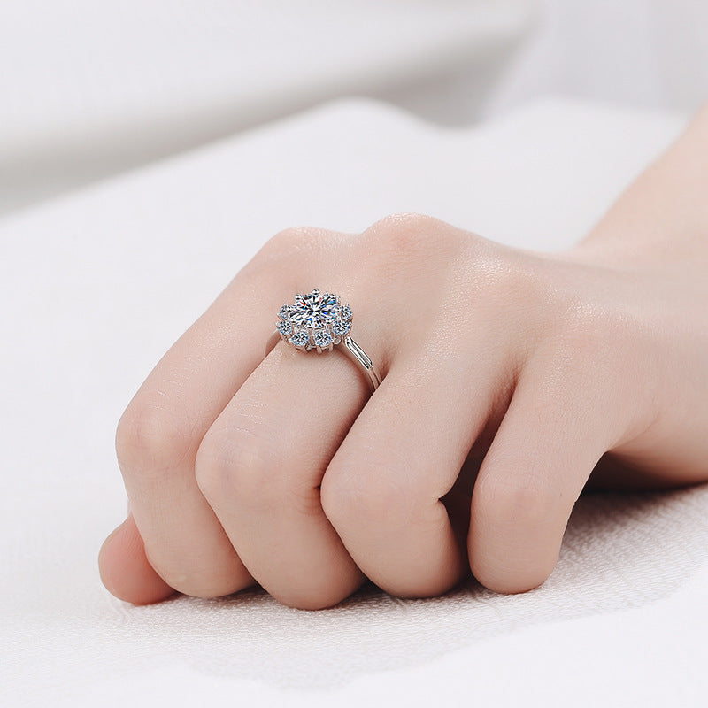 Sunflower Inspired Solitaire Ring - 925 Sterling Silver Eight-Prong Moissanite Ring with Chinese Motifs