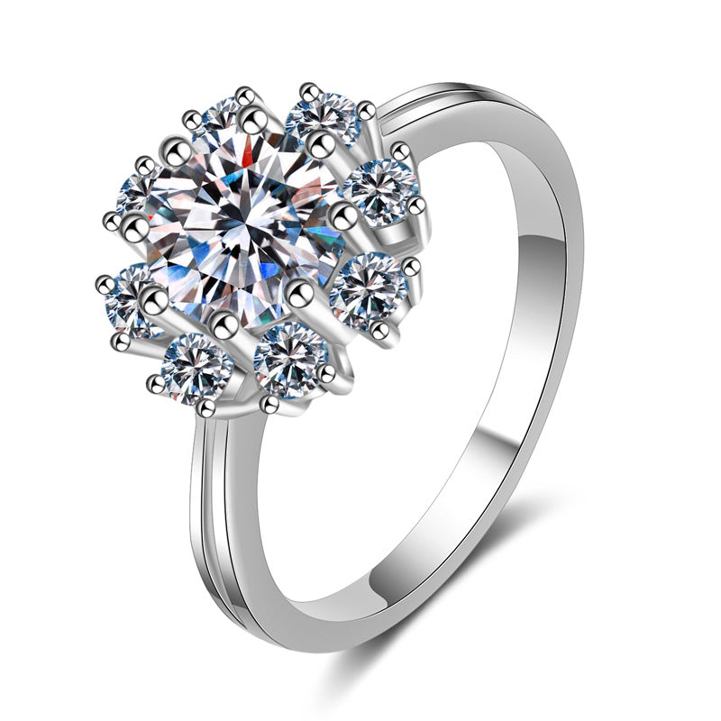 Sunflower Inspired Solitaire Ring - 925 Sterling Silver Eight-Prong Moissanite Ring with Chinese Motifs