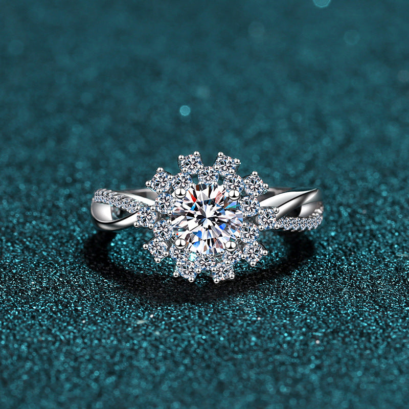 Sunflower PT950 Plated Moissanite Ring - 925 Sterling Silver with Net Pattern Design