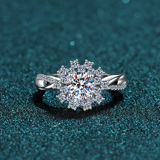 Sunflower PT950 Plated Moissanite Ring - 925 Sterling Silver with Net Pattern Design