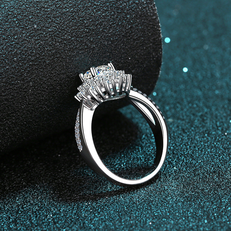Sunflower PT950 Plated Moissanite Ring - 925 Sterling Silver with Net Pattern Design