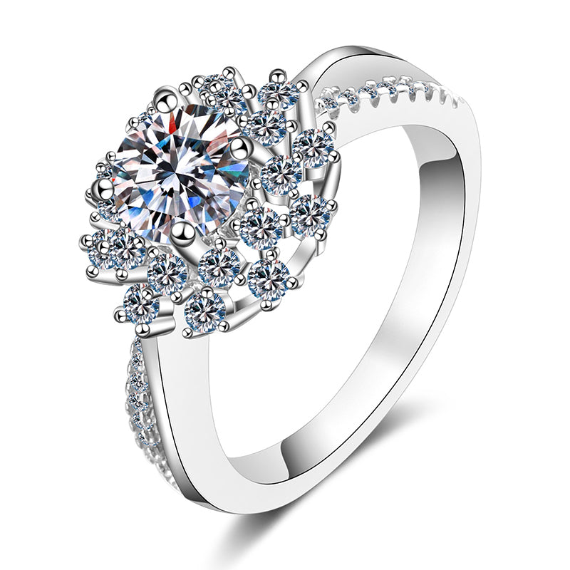 Sunflower PT950 Plated Moissanite Ring - 925 Sterling Silver with Net Pattern Design