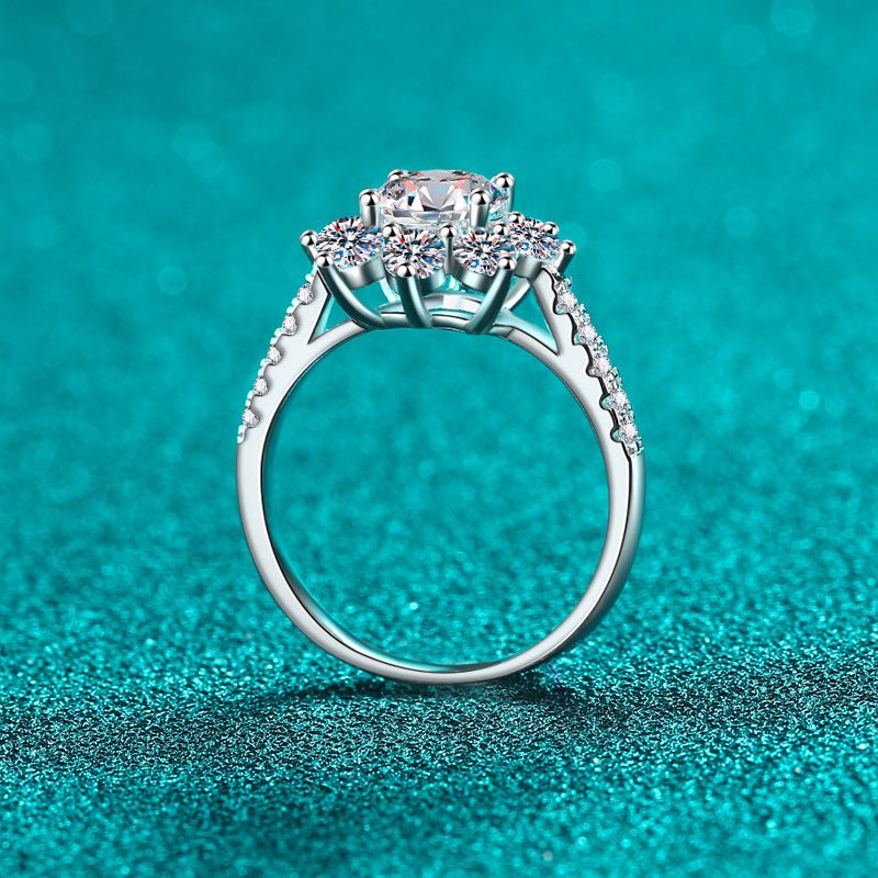 Sunflower & Chinese Motif Moissanite Ring in S925 Silver | 1ct Unique Cultural Fusion Design