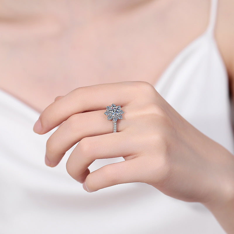 Sunflower & Chinese Motif Moissanite Ring in S925 Silver | 1ct Unique Cultural Fusion Design