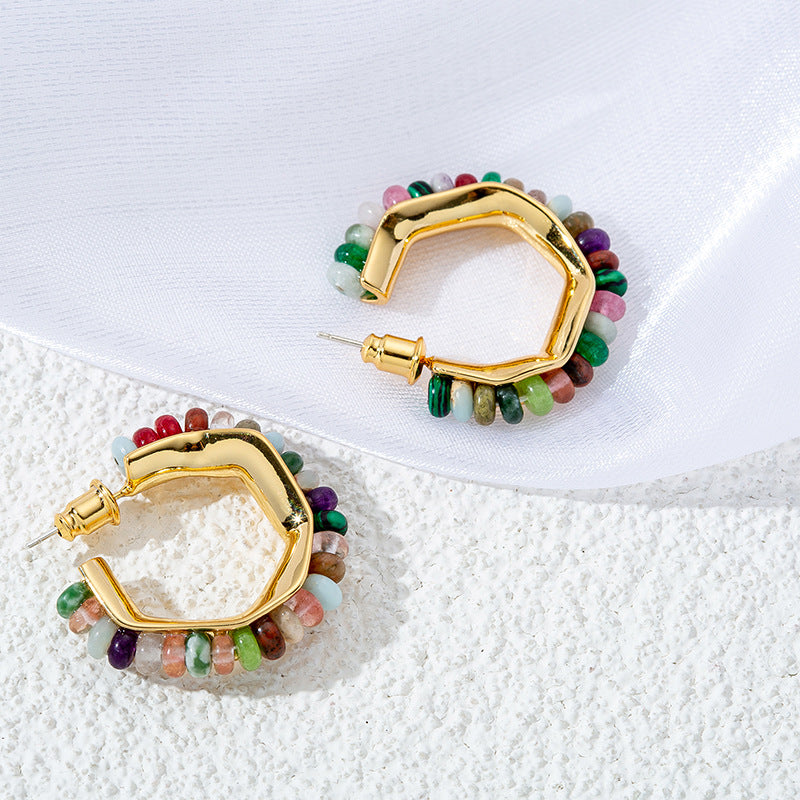 Sweet & Edgy Geometric Hoop Earrings - 925 Silver Posts with Natural Stones & Pearl Options for Women