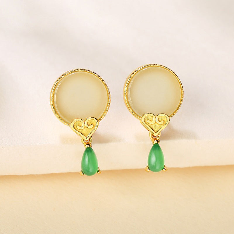 925 Sterling Silver Water Drop Jade Stud Earrings - Vintage Nature-Inspired Jewelry for Women
