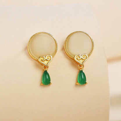 925 Sterling Silver Water Drop Jade Stud Earrings - Vintage Nature-Inspired Jewelry for Women