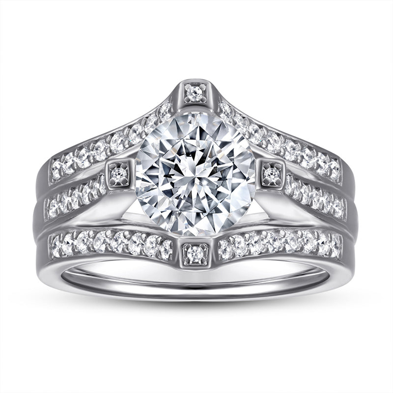 Triple Band 925 Silver Ring - 1 Carat Zirconia Three-Row Diamond Wedding Set