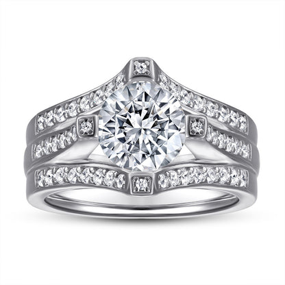 Triple Band 925 Silver Ring - 1 Carat Zirconia Three-Row Diamond Wedding Set