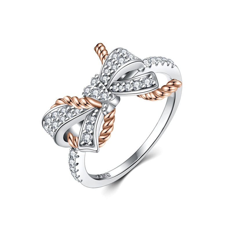 Twisted Bow 925 Silver Ring - Elegant Zirconia Stackable Band with Rope Detailing