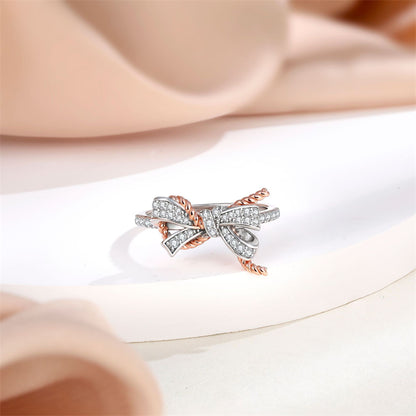 Twisted Bow 925 Silver Ring - Elegant Zirconia Stackable Band with Rope Detailing