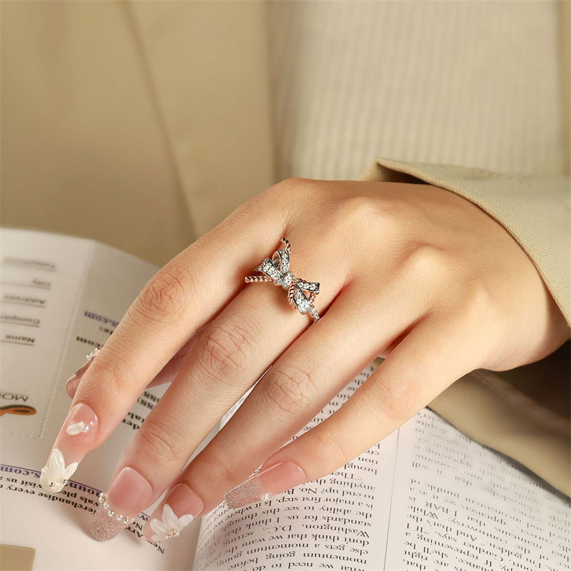 Twisted Bow 925 Silver Ring - Elegant Zirconia Stackable Band with Rope Detailing