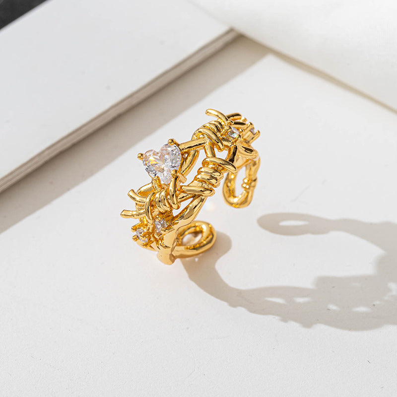 Unisex Adjustable Geometric Ring Collection - 18K Gold Plated Brass with Zircon Stones