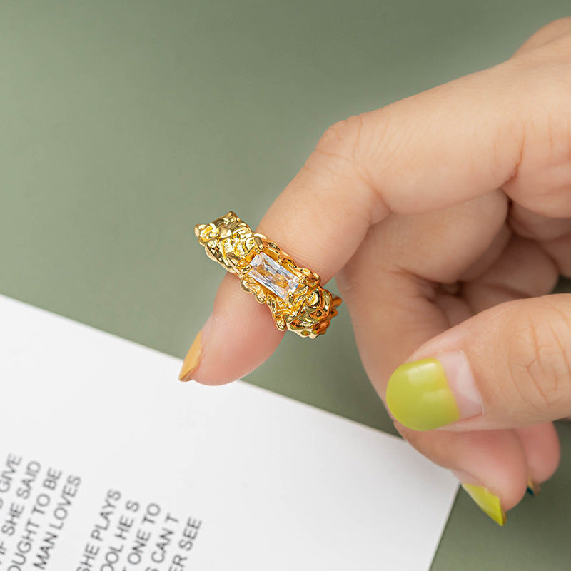 Unisex Adjustable Geometric Ring Collection - 18K Gold Plated Brass with Zircon Stones