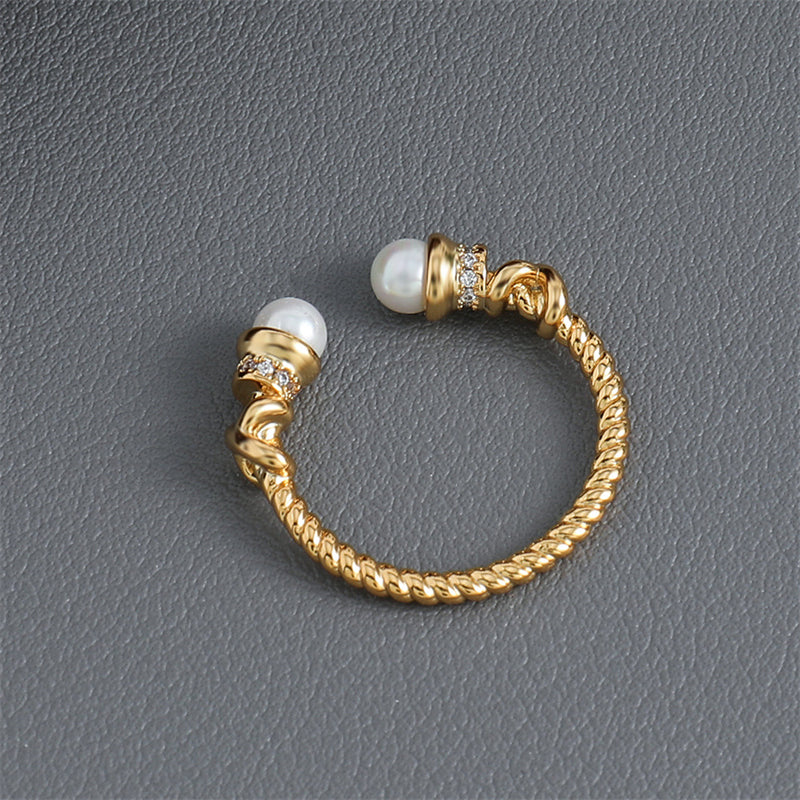 Vintage-inspired Adjustable Geometric Ring - Gold Plated Brass with Glass Bead Accent