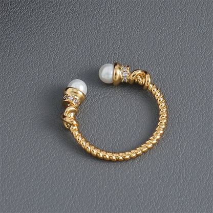 Vintage-inspired Adjustable Geometric Ring - Gold Plated Brass with Glass Bead Accent