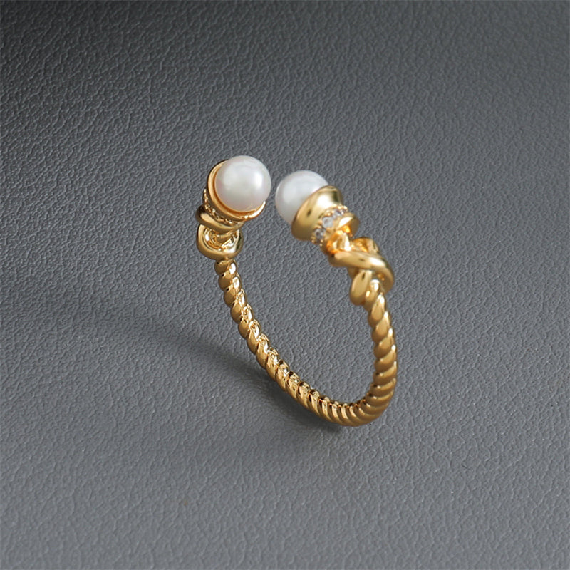 Vintage-inspired Adjustable Geometric Ring - Gold Plated Brass with Glass Bead Accent