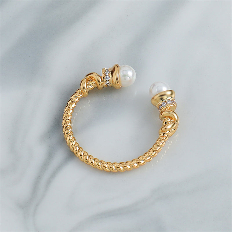 Vintage-inspired Adjustable Geometric Ring - Gold Plated Brass with Glass Bead Accent