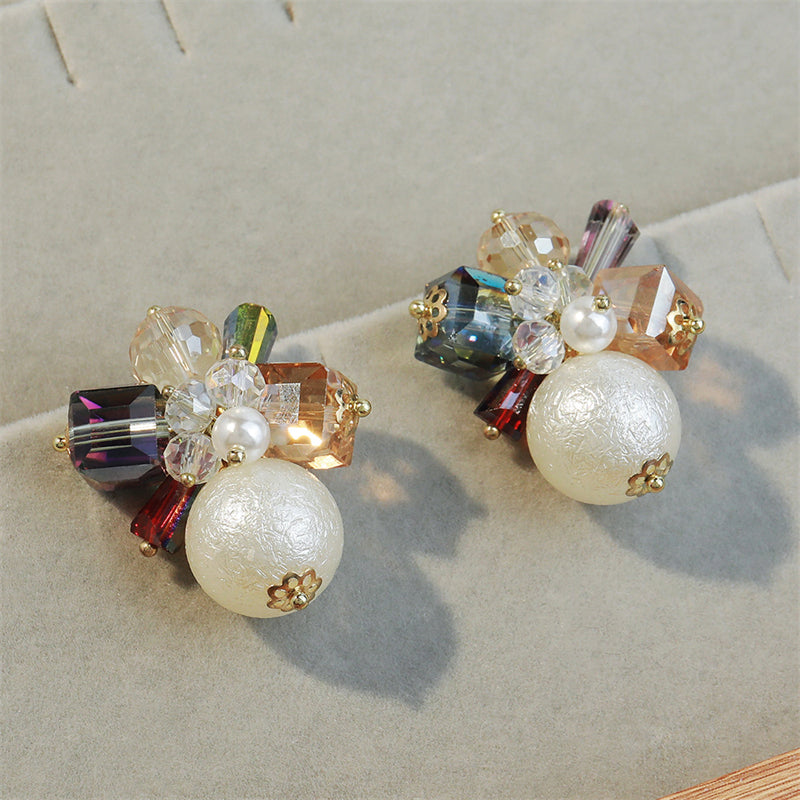 Vintage-inspired Geometric Crystal & Faux Pearl Drop Earrings in Gold