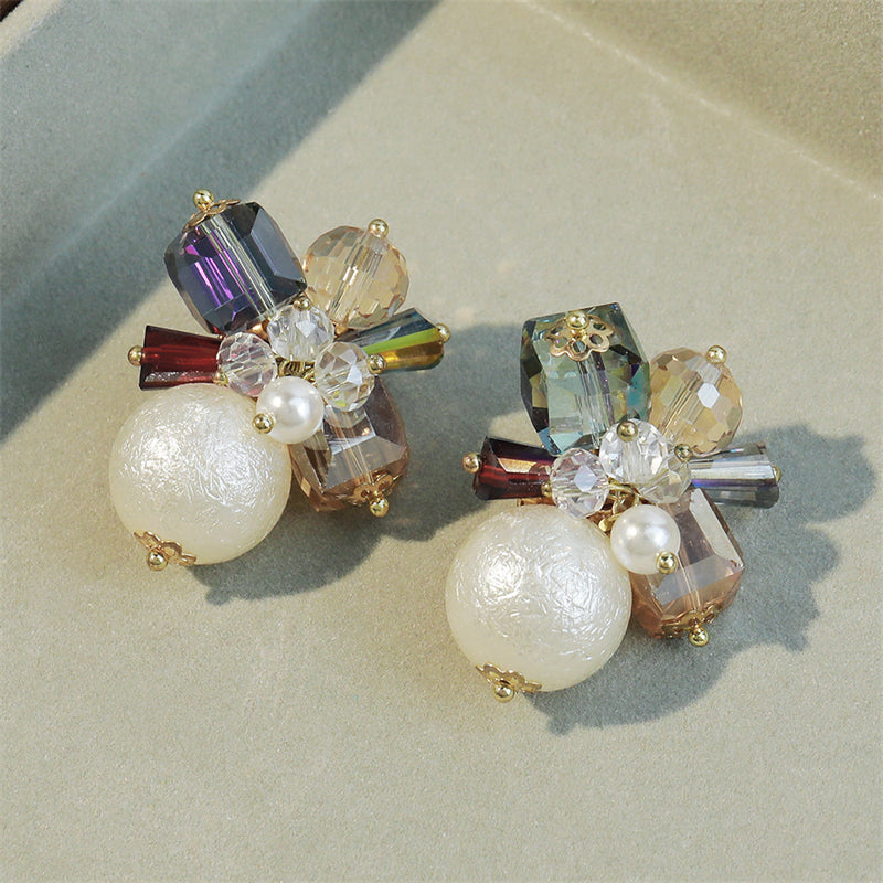 Vintage-inspired Geometric Crystal & Faux Pearl Drop Earrings in Gold