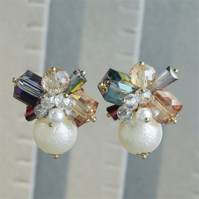 Vintage-inspired Geometric Crystal & Faux Pearl Drop Earrings in Gold