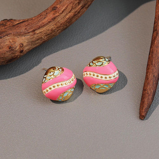 Vintage-inspired Pink Geometric Square Stud Earrings in Gold Plating