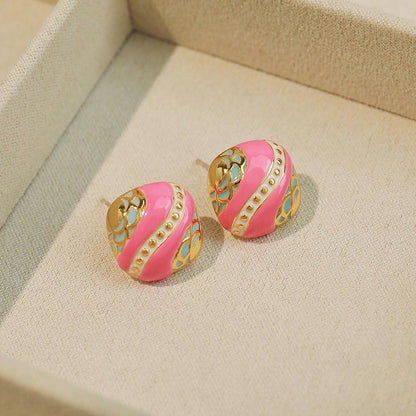 Vintage-inspired Pink Geometric Square Stud Earrings in Gold Plating