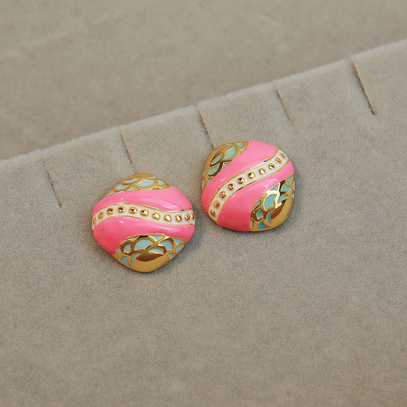 Vintage-inspired Pink Geometric Square Stud Earrings in Gold Plating