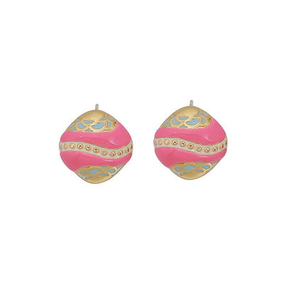 Vintage-inspired Pink Geometric Square Stud Earrings in Gold Plating