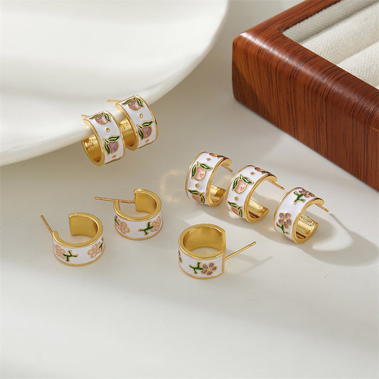 Vintage Floral Enamel Drop Earrings - Gold Plated Copper with Colorful Hand-Painted Details