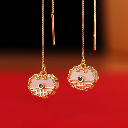925 Sterling Silver Pendant Earrings - Vintage Chinese Auspicious Pattern Dangle Earrings for Women