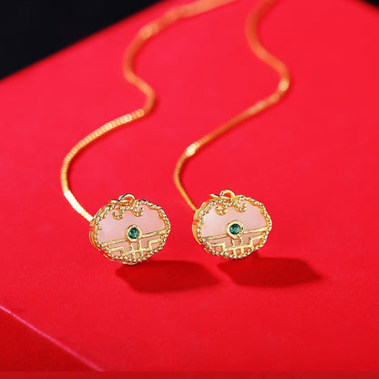 925 Sterling Silver Pendant Earrings - Vintage Chinese Auspicious Pattern Dangle Earrings for Women