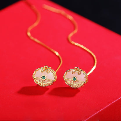 925 Sterling Silver Pendant Earrings - Vintage Chinese Auspicious Pattern Dangle Earrings for Women