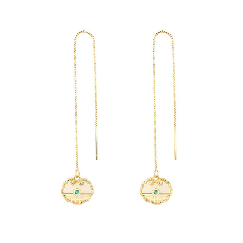 925 Sterling Silver Pendant Earrings - Vintage Chinese Auspicious Pattern Dangle Earrings for Women