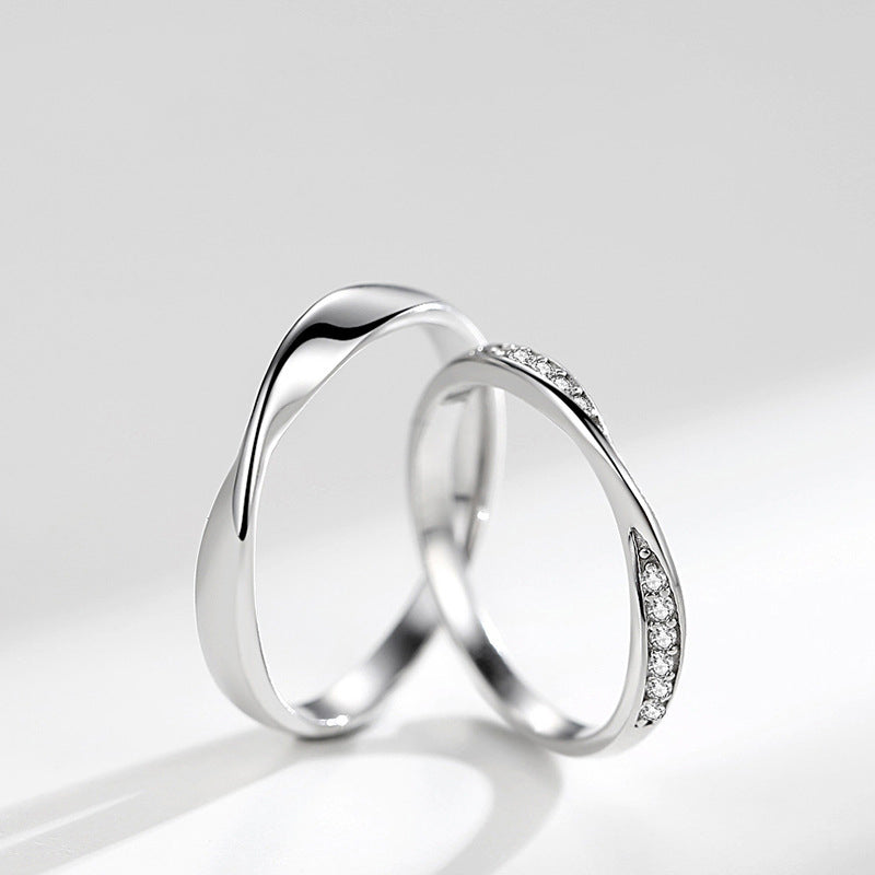 Wave Design Couple Rings - 925 Sterling Silver Engravable Matching Set with Zircon Accents