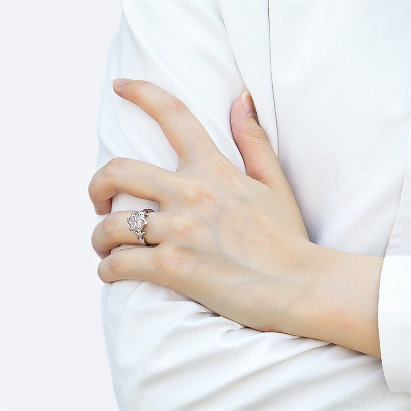 Windmill Design Zircon Ring - 925 Sterling Silver Floral Fashion Jewelry for Women