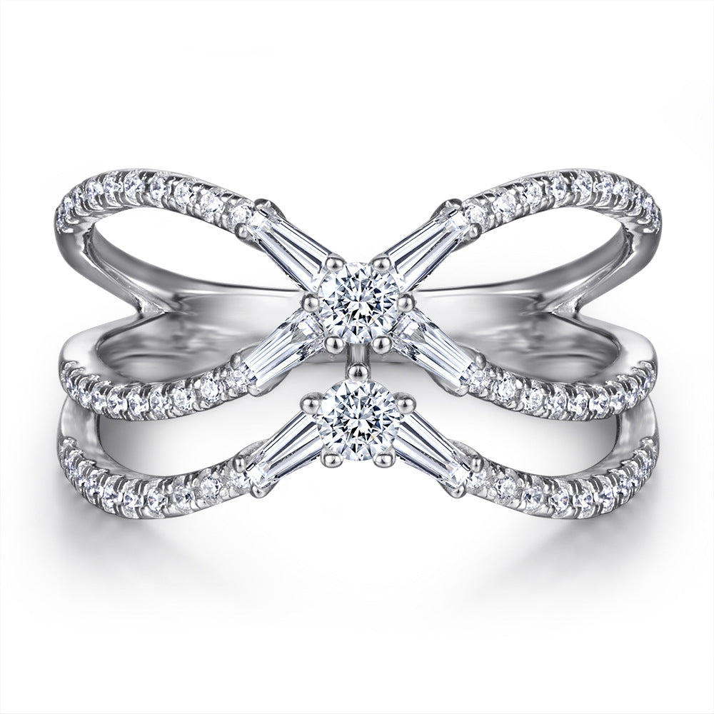 X-Shaped Tension Set 925 Silver Ring - Modern Multi-Row Zirconia Band
